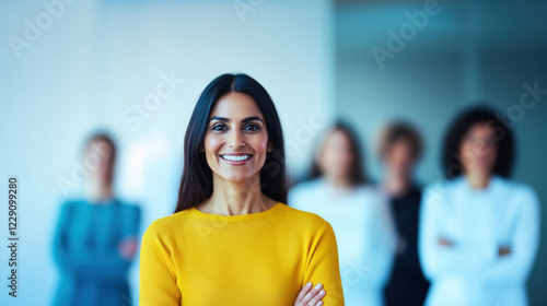 Free Download Confident woman smiling in a bright office space, with blurred colleagues in the background, showcasing professionalism and teamwork. - GFXLoad