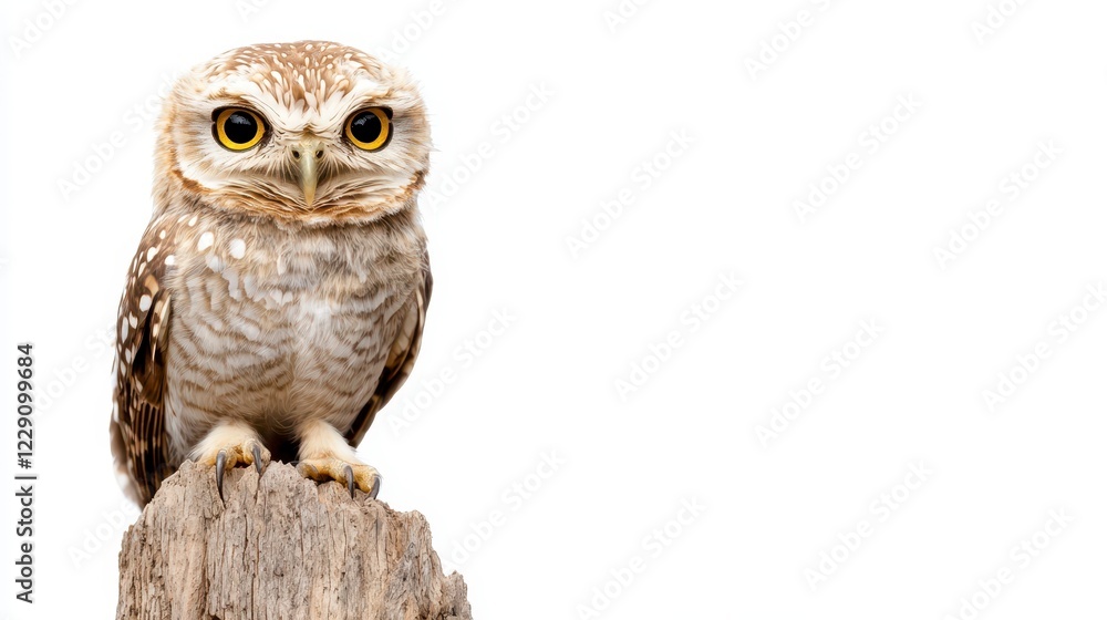 Fototapeta premium Charming Little Owl Perched on a Wooden Log Against White Background