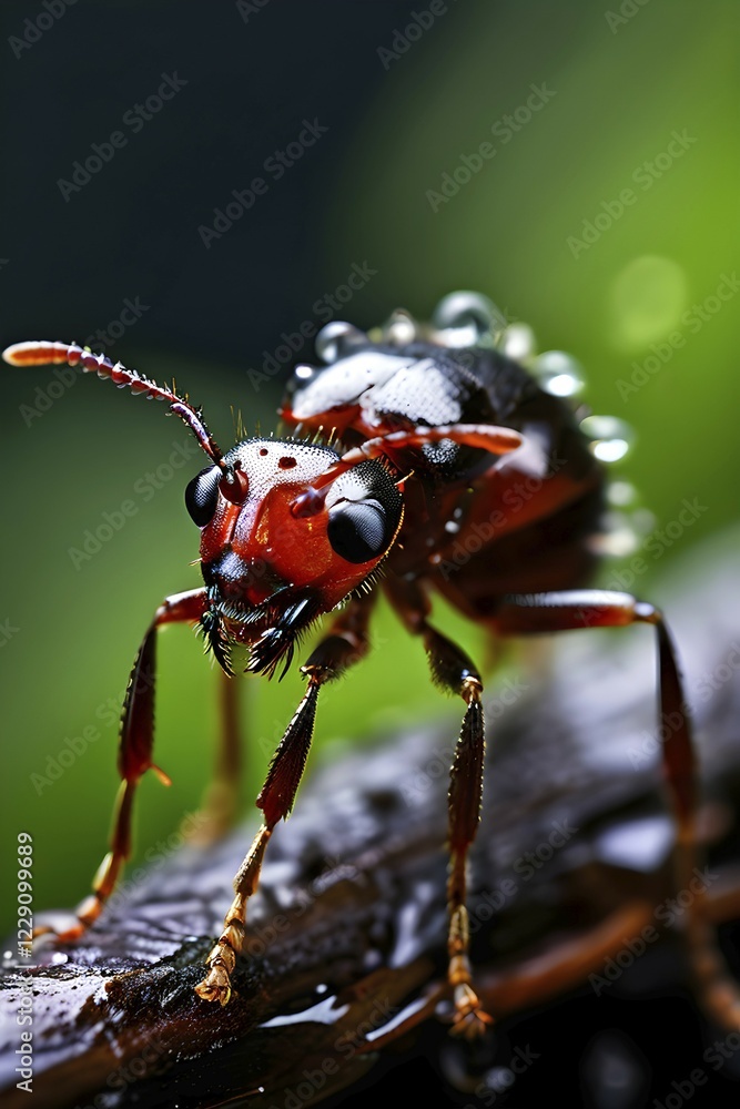 Naklejka premium Close up of a red wood ant glistening with delicate raindrops, AI generated