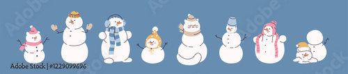Cute snowmen set. Snow men, festive winter cold characters from snowballs, in hat, scarf, headphones, clothes, with arm sticks and carrots. Christmas fun. Kids isolated flat vector illustration