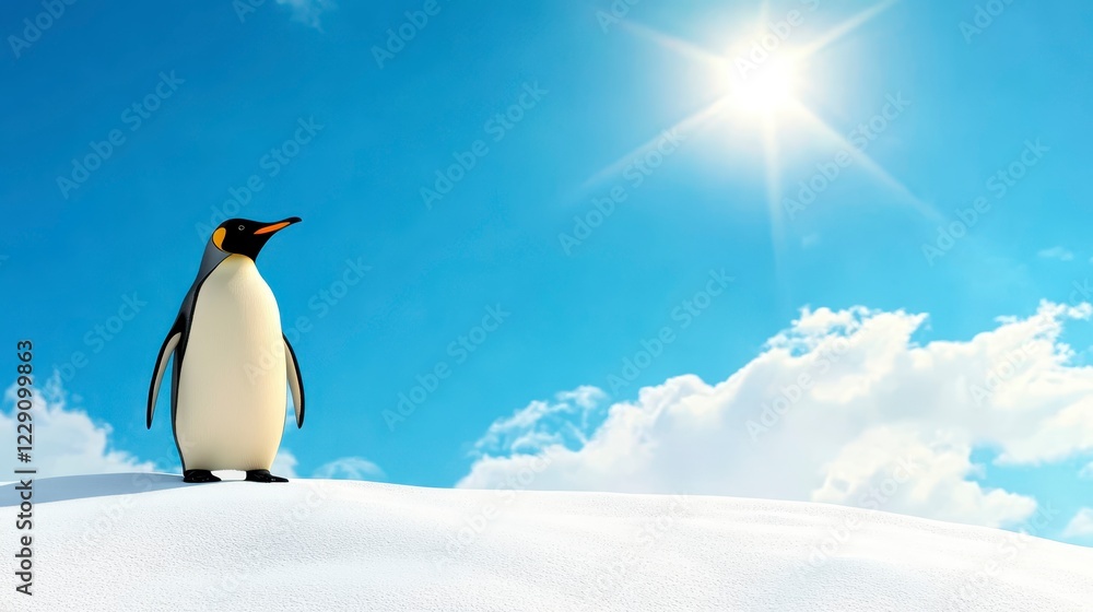 Fototapeta premium Penguin Standing Alone on Snowy Landscape Under Bright Sunlight
