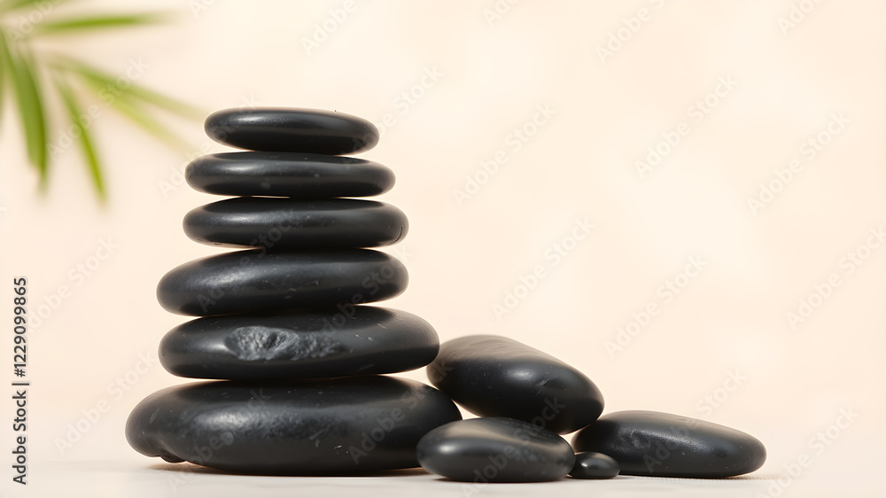 Stack of black spa stones on light background. Space for text. Generative AI Stack of black spa stones on light background. Space for text. Generative AI