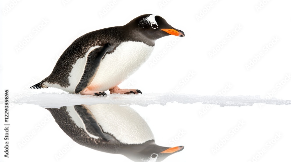 Fototapeta premium Elegant Gentoo Penguin Standing on Ice with Reflection Below