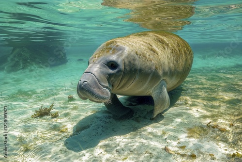 A manatee or west indian manatee (Trichechus manatus) swims leisurely in a sunlit, clear water over marine plants, AI generated, AI generated photo