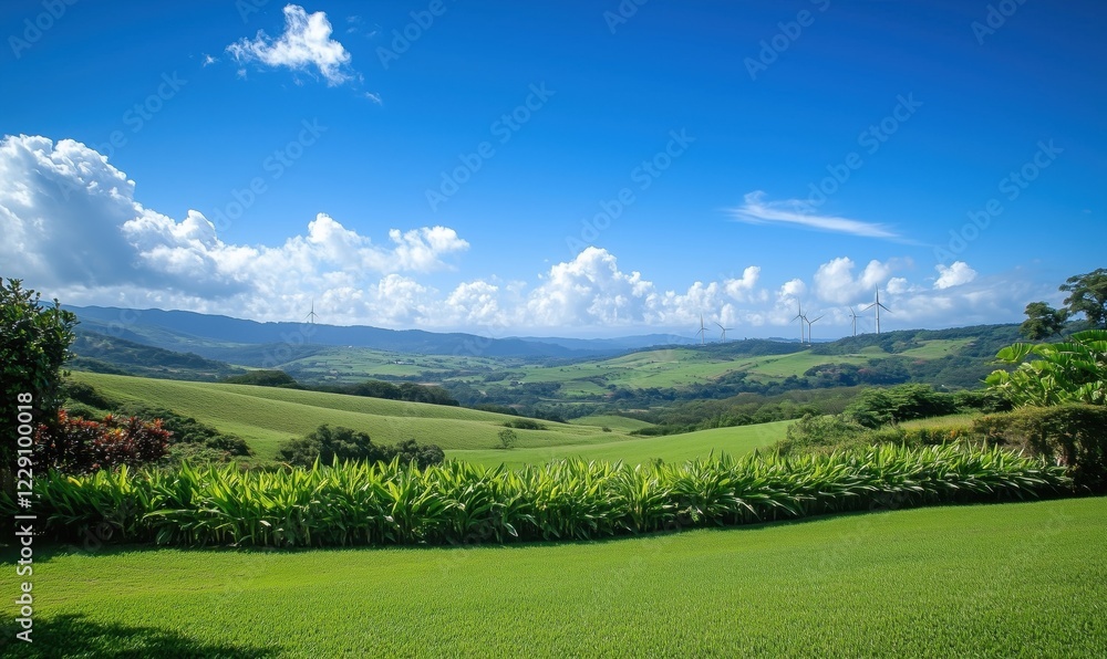Lush Green Landscape with Wind Turbines and Blue Sky, Scenic View of Rolling Hills and Vibrant Vegetation Lush Green Landscape with Wind Turbines and Blue Sky, Scenic View of Rolling Hills and Vibrant Vegetation