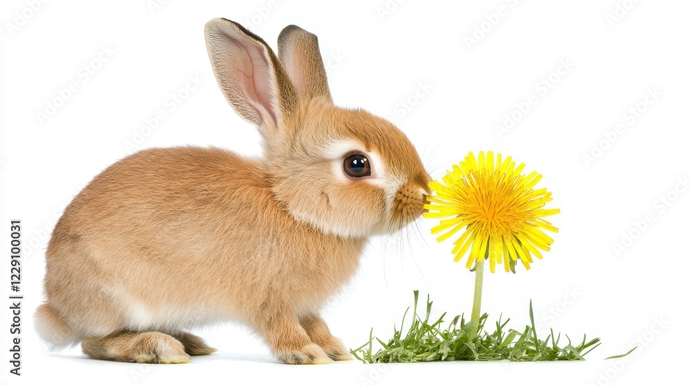 Fototapeta premium Cute Bunny Sniffing Bright Yellow Dandelion Flower in Green Grass