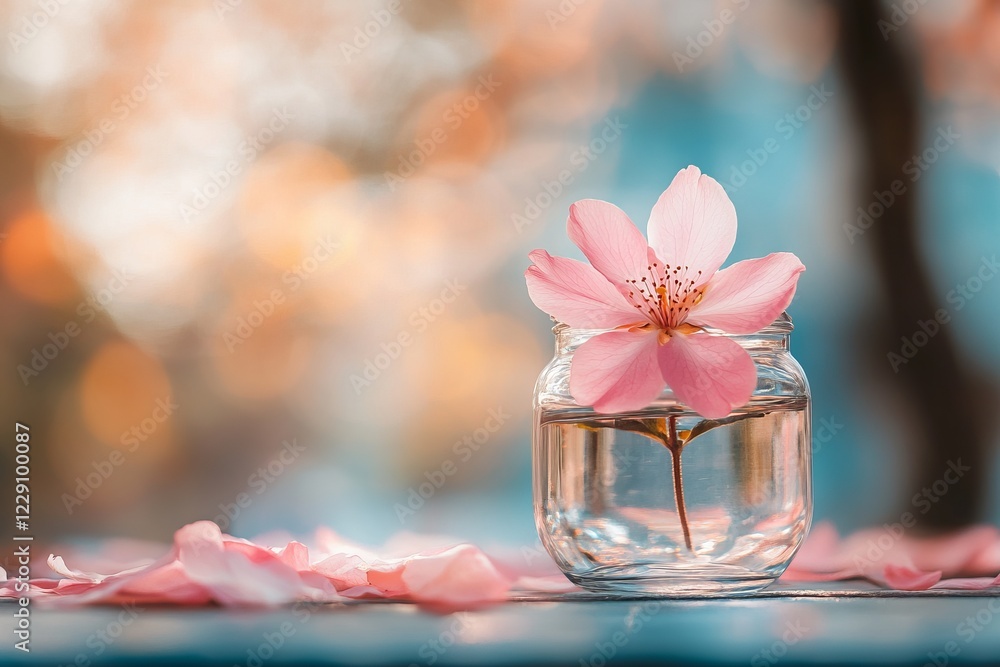 A single pink cherry blossom in a glass jar, surrounded by petals, with a soft bokeh background, symbolizing spring and serenity. A single pink cherry blossom in a glass jar, surrounded by petals, with a soft bokeh background, symbolizing spring and serenity.