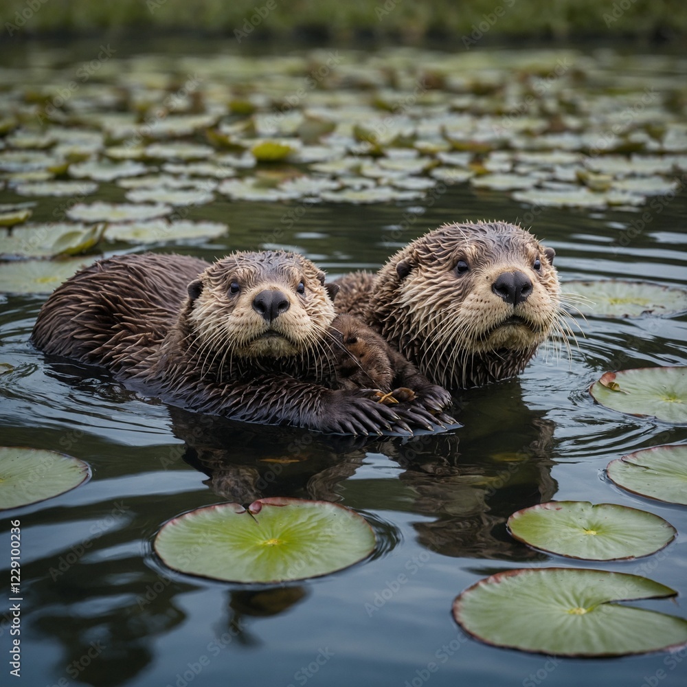 A sea otter with her pup floating on a bed of water lilies. A sea otter with her pup floating on a bed of water lilies.