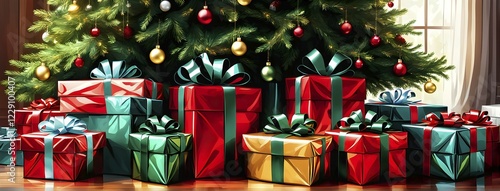 Abstract illustration of wrapped Christmas gifts, shiny ribbons and bows, stacked under a evergreen tree in a cozy living room, AI generated
