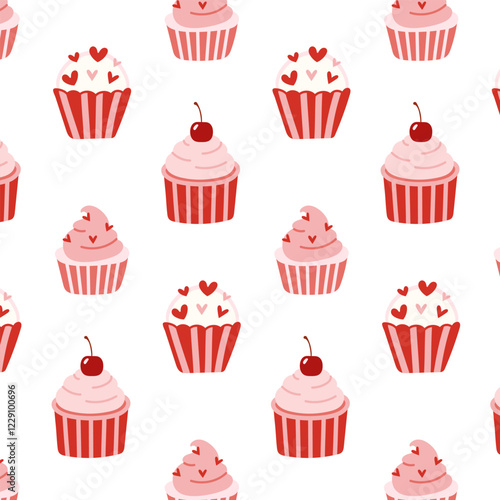 Seamless pattern with pink cupcakes decorated with cherries and hearts on a white background. Perfect for Valentine's Day, bakery designs, and romantic themed projects.