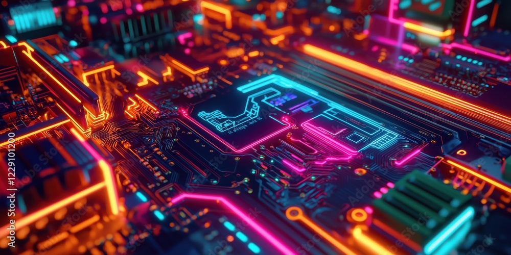 Futuristic circuit board with vibrant neon lights and intricate patterns showcasing advanced technology and digital design Futuristic circuit board with vibrant neon lights and intricate patterns showcasing advanced technology and digital design