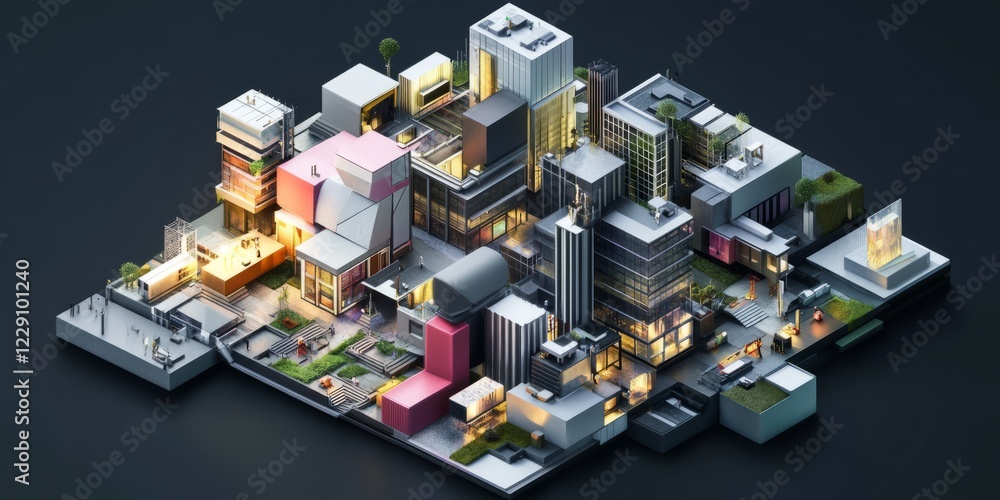 Cityscape with many buildings and a few people walking around. The buildings are of different colors and sizes Cityscape with many buildings and a few people walking around. The buildings are of different colors and sizes
