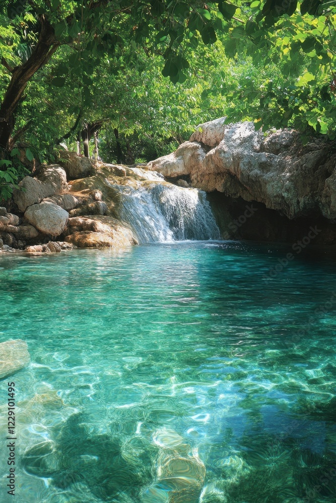 Naklejka premium Idyllic waterfall cascading into a serene pool surrounded by lush greenery and vibrant wildflowers.