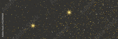 Gold glittering dust with stars on transparent backdrop