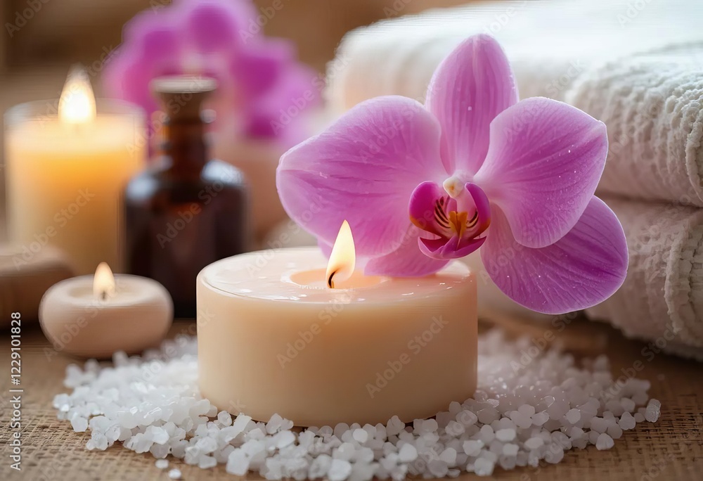A spa setting with candles, an orchid, soap, and towels A spa setting with candles, an orchid, soap, and towels
