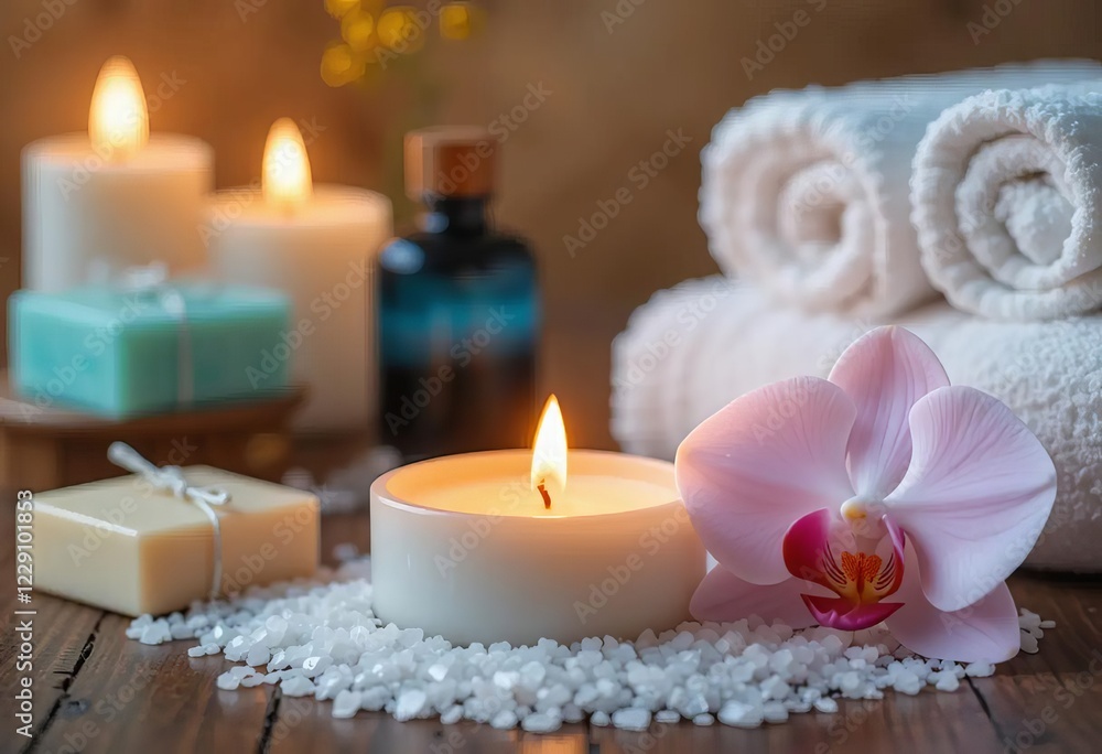 A spa setting with candles, an orchid, soap, and towels A spa setting with candles, an orchid, soap, and towels