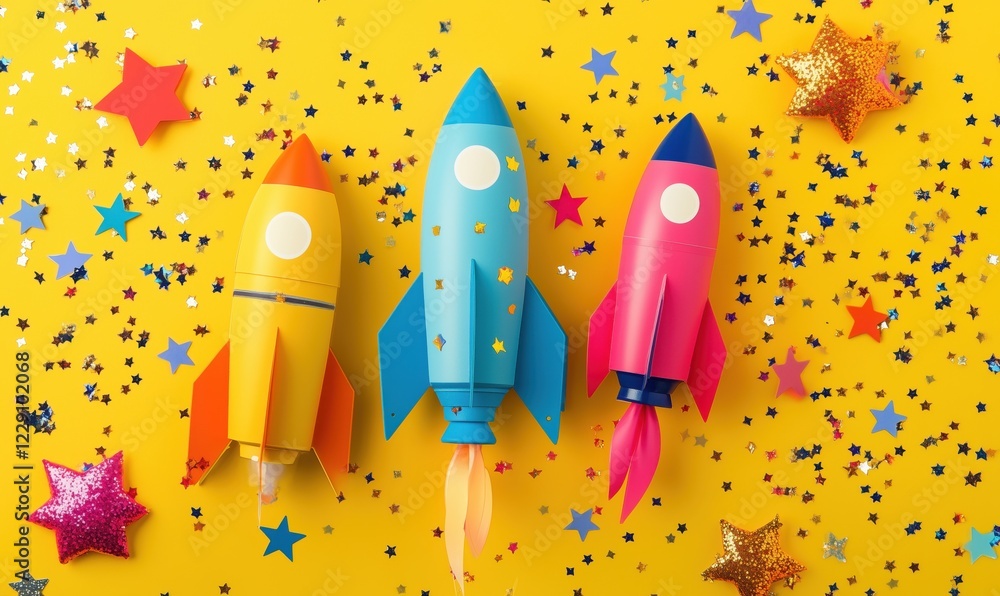 Colorful toy rockets on vibrant yellow background with stars and confetti, perfect for children's parties and celebrations Colorful toy rockets on vibrant yellow background with stars and confetti, perfect for children's parties and celebrations