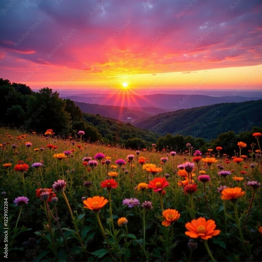 Fototapeta premium Sunset over Shenandoah valley with blooming wildflowers, flowers, wildflowers