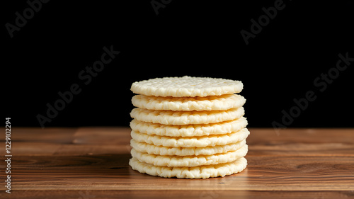 Wallpaper Mural Stack of puffed rice cakes on wooden table against black background. Space for text. Generative AI Torontodigital.ca