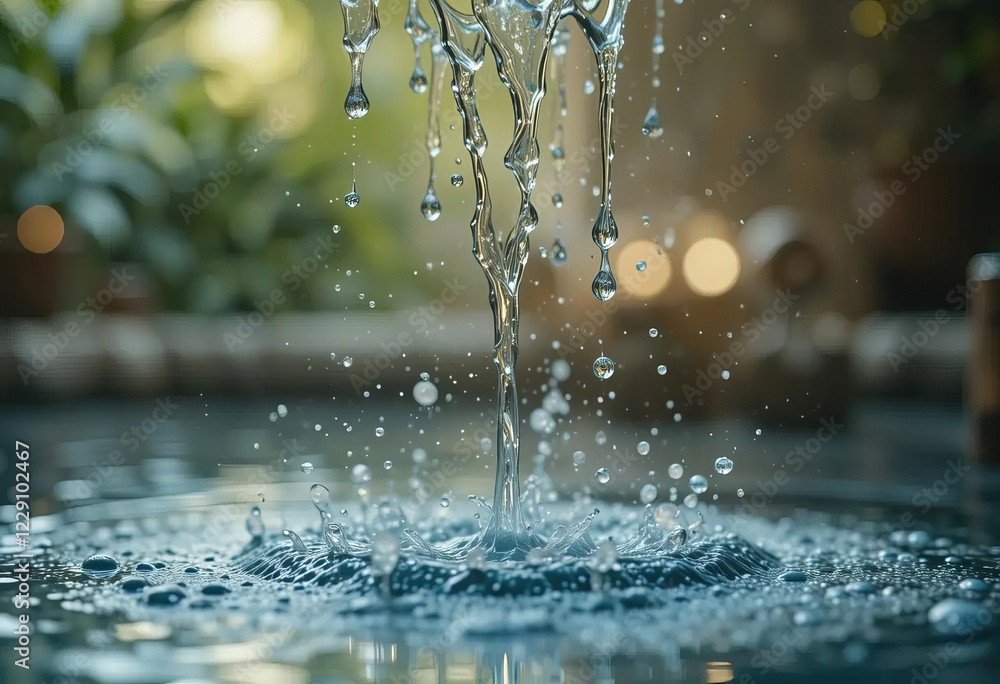 A close-up of water droplets falling into a pool of water in slow motion A close-up of water droplets falling into a pool of water in slow motion