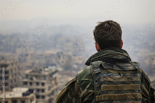 Wallpaper Mural Back view of soldier in camouflage uniform looking at blurry city. KI generiert, generiert, AI generated Torontodigital.ca
