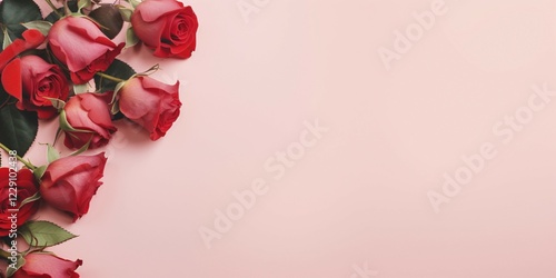 Red roses on sode of pink background with copy space. KI generiert, generiert AI generated photo