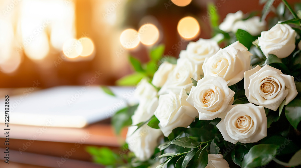 Obraz premium Hands, rose and a person at a funeral in a cemetery in grief while mourning loss at a memorial service. Death, flower and an adult in a suit at a graveyard in a crowd for an outdoor burial closeup