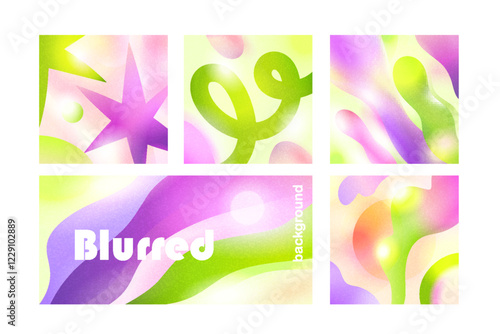Abstract gradient mesh backgrounds with smooth flowing colors, blurred shapes, fluid patterns. Modern cards, banner design with soft blurry textures, light glowing effects. Flat vector illustrations