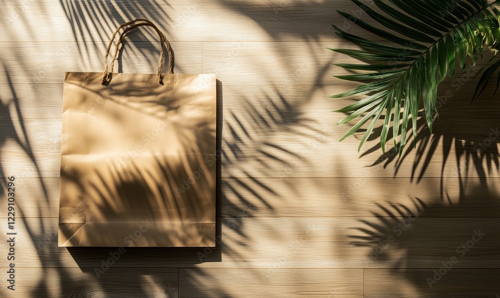 Brown paper shopping bag casting shadows on wooden floor with palm leaves Brown paper shopping bag casting shadows on wooden floor with palm leaves