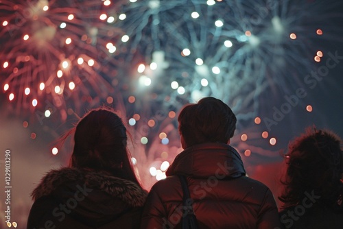 Young people celebrating new year with fireworks in night sky. Generative Ai, AI generated photo