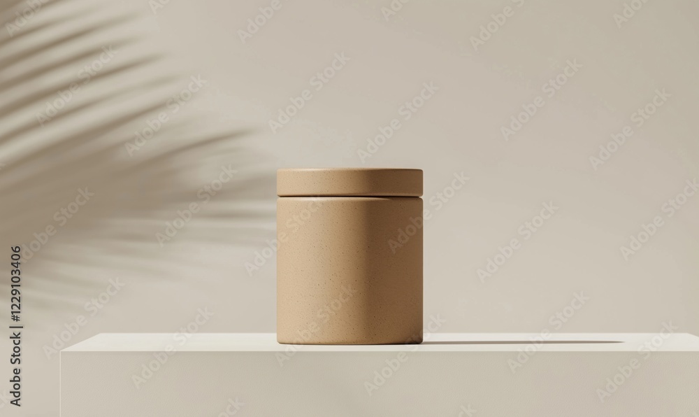 Minimalist beige ceramic jar with lid on white pedestal, soft shadows and palm leaf background, modern decor aesthetic Minimalist beige ceramic jar with lid on white pedestal, soft shadows and palm leaf background, modern decor aesthetic