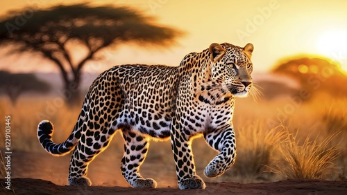 African savanna sunrise with close up of a leopard, AI generated photo