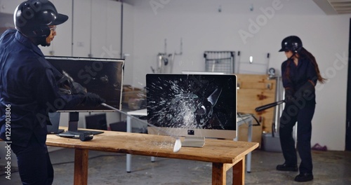 Tableau sur toile Computer, baseball bat and people in rage room for frustrated, anger management and stress relief