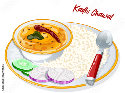 Indian Kadhi Chawal Plate with Spoon, Sliced Onions and Cucumbers. Authentic Asian Cuisine Detailed Illustration