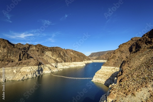 View to Lake Mead from the Hoover Dam, Hoover Dam, dam, near Las Vegas, the water level dropped about 30 m, Boulder City, former Junction City, border Arizona, Nevada, USA, North America photo