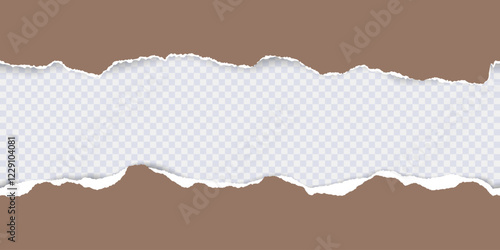 Mocha Mousse color of the year 2025. Seamless pattern of horizontal torn stripes paper with torn adges and soft shadow. Design template for text or message on transparent background. Vector