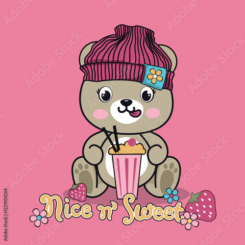 Adorable cute animal character joyfully enjoying a refreshing strawberry juice drink in a cheerful mood
