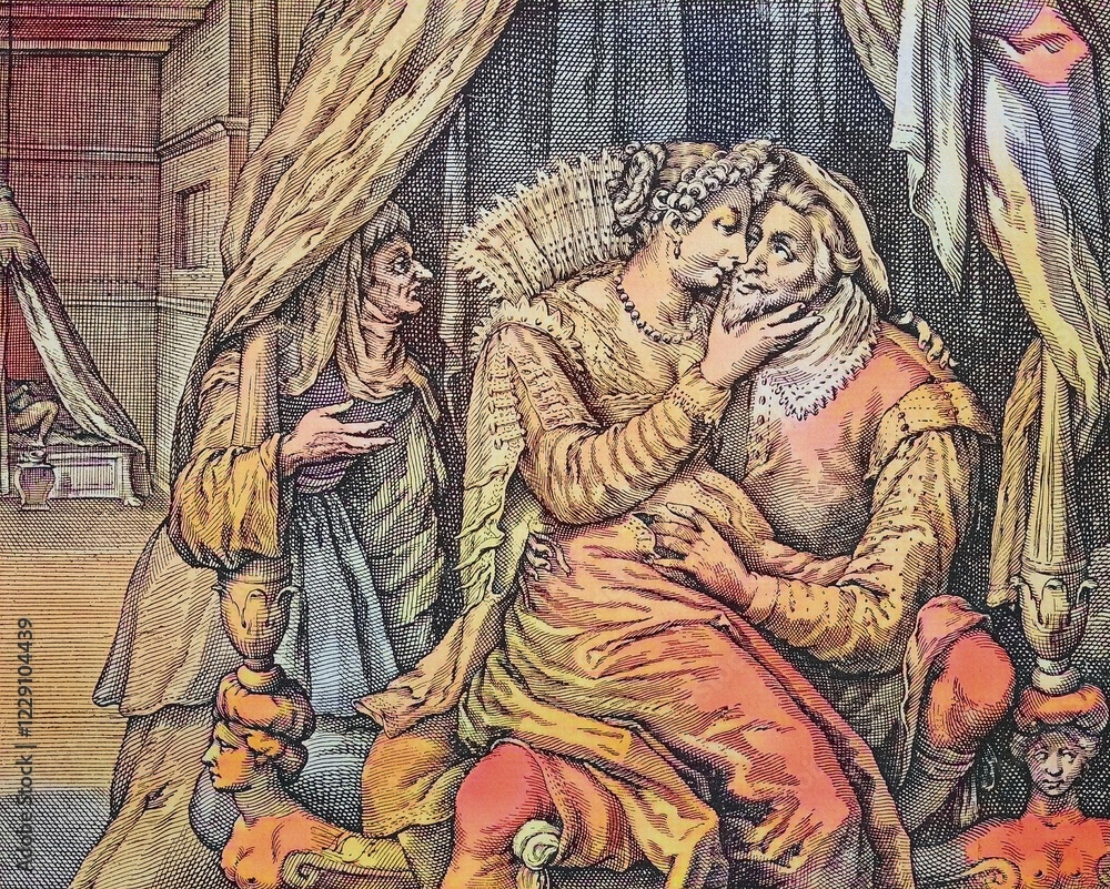 Naklejka premium In the Women's House, copperplate engraving by Matham, 1530, digitally restored reproduction of a 19th century original, exact original date not known