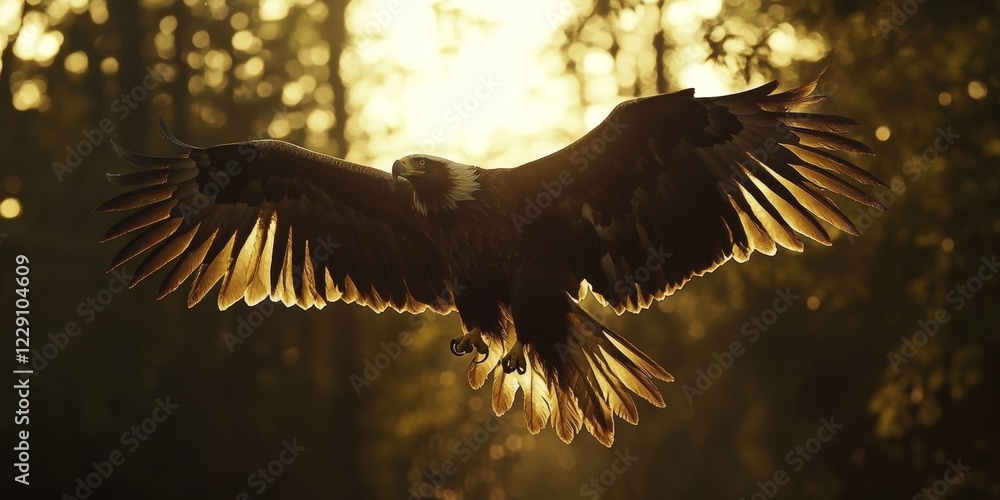 Fototapeta premium A large eagle is flying through the forest, with the sun shining on its wings. Concept of freedom and power, as the eagle soars through the trees with grace and strength. The warm