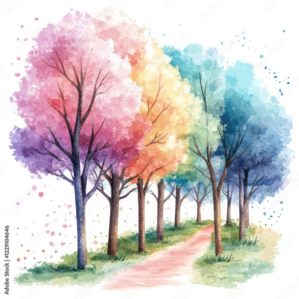Obraz premium Watercolor forest clip art, pastel colors, spring trees, path, white background