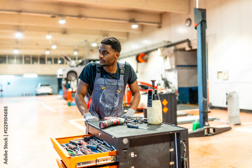 Mechanic working in auto repair shop with tools and equipment Mechanic working in auto repair shop with tools and equipment