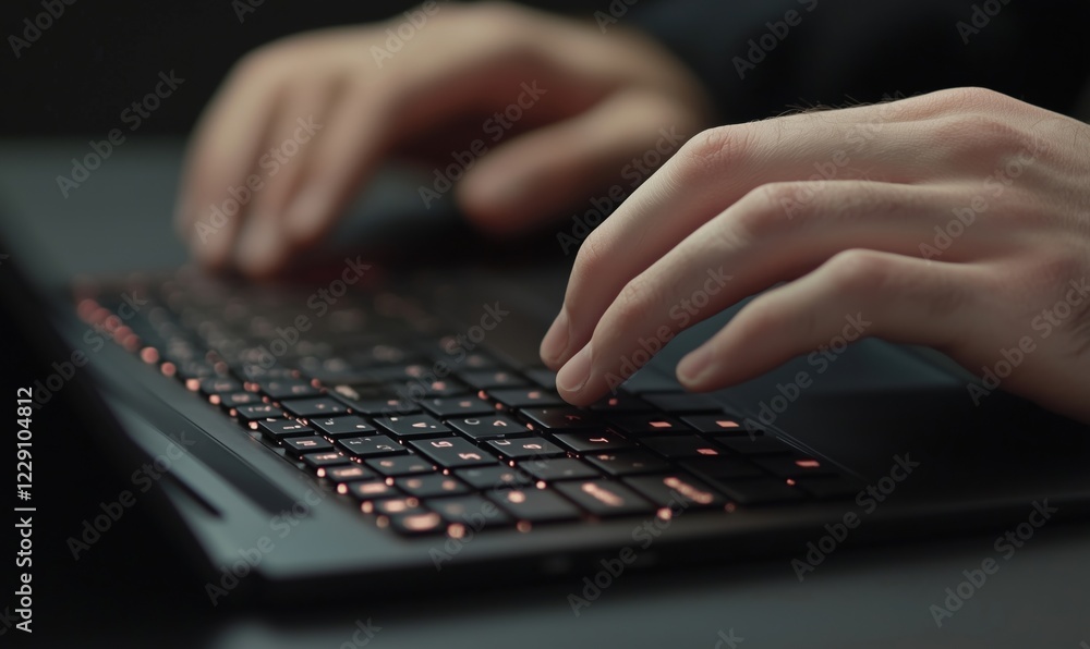 Typing on backlit keyboard in dim lighting, focus on hands and keys, modern technology, digital communication, productivity Typing on backlit keyboard in dim lighting, focus on hands and keys, modern technology, digital communication, productivity