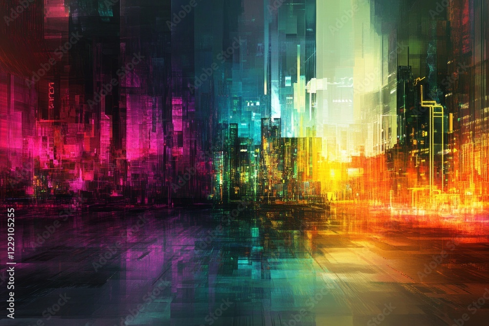 Obraz premium A digital artwork showcasing a futuristic cityscape with neon lights and abstract geometric patterns, capturing the essence of urban nightlife.