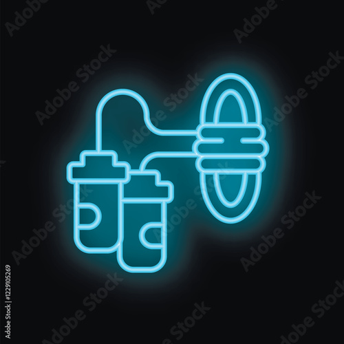 Blue neon icon of an oxygen mask delivering oxygen from an oxygen tank on a black background