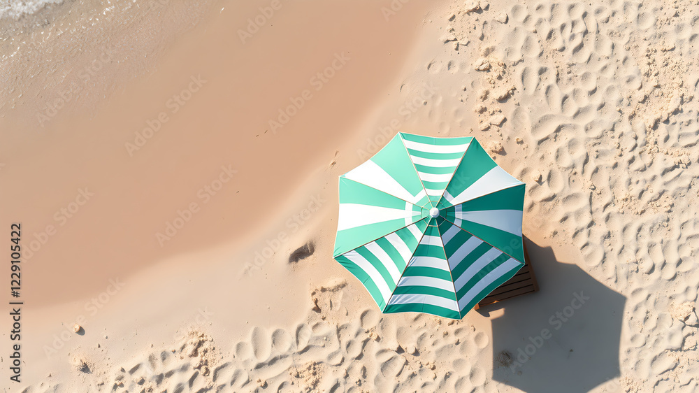 Naklejka premium Striped beach umbrella on sandy coast, aerial top view. Space for text. Generative AI
