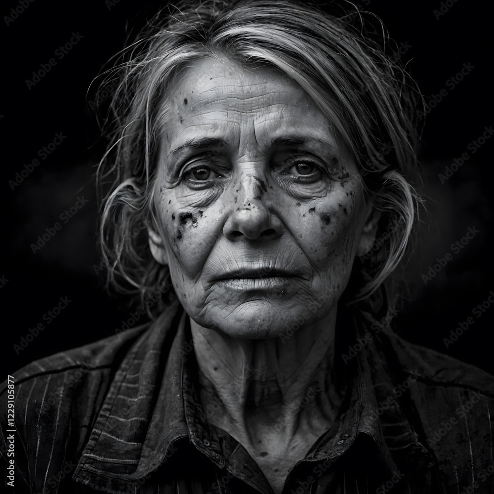Expressive portrait of an elderly woman with striking features and deep emotions captured in low light Expressive portrait of an elderly woman with striking features and deep emotions captured in low light