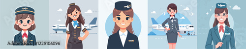 vector set of beautiful flight attendant characters