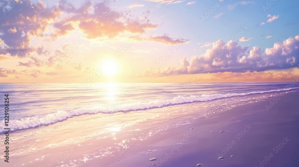 Fototapeta premium A calm beach with soft waves and a sunrise reflecting on wet sand, creating a tranquil and serene atmosphere