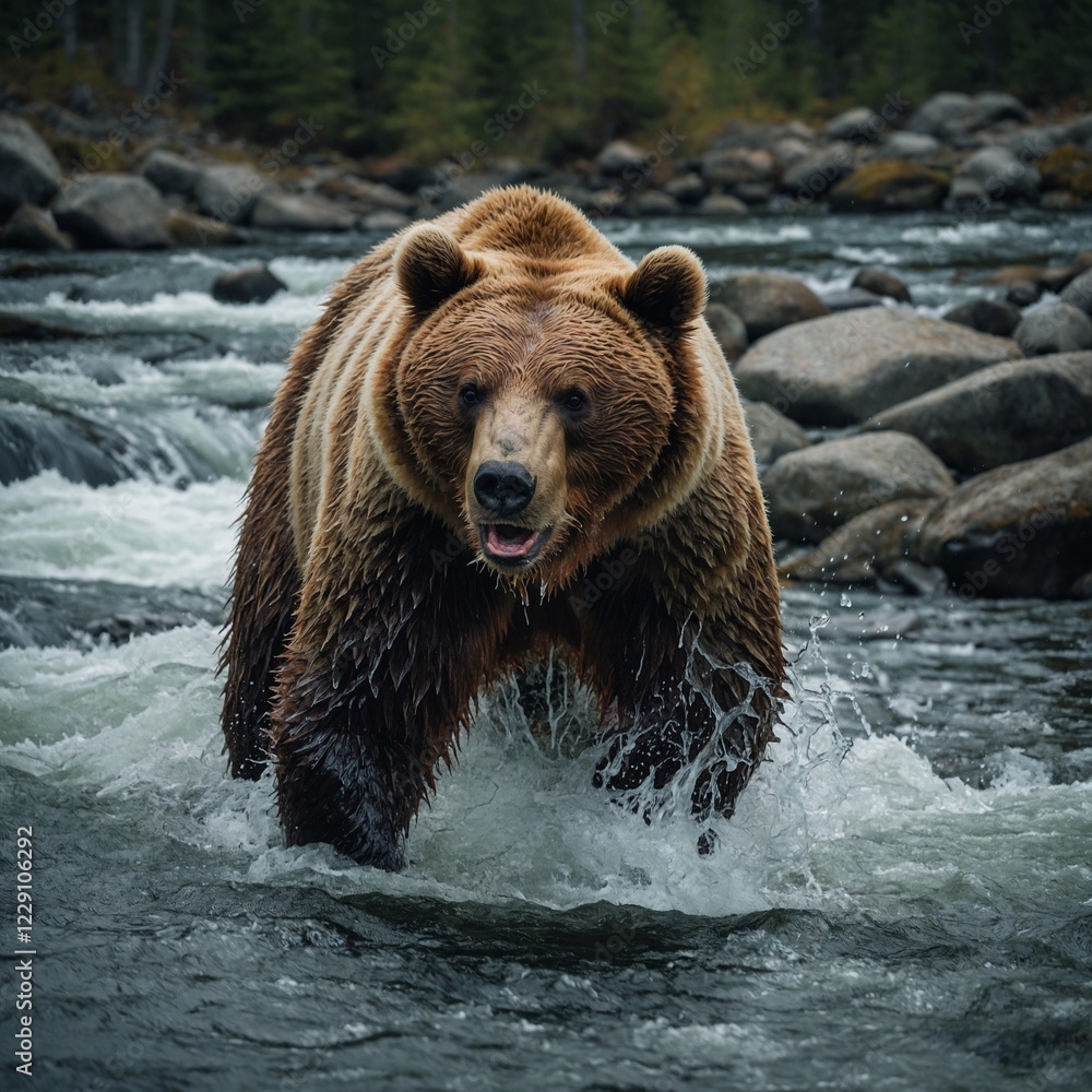 A bear catching salmon in a rushing river. A bear catching salmon in a rushing river.
