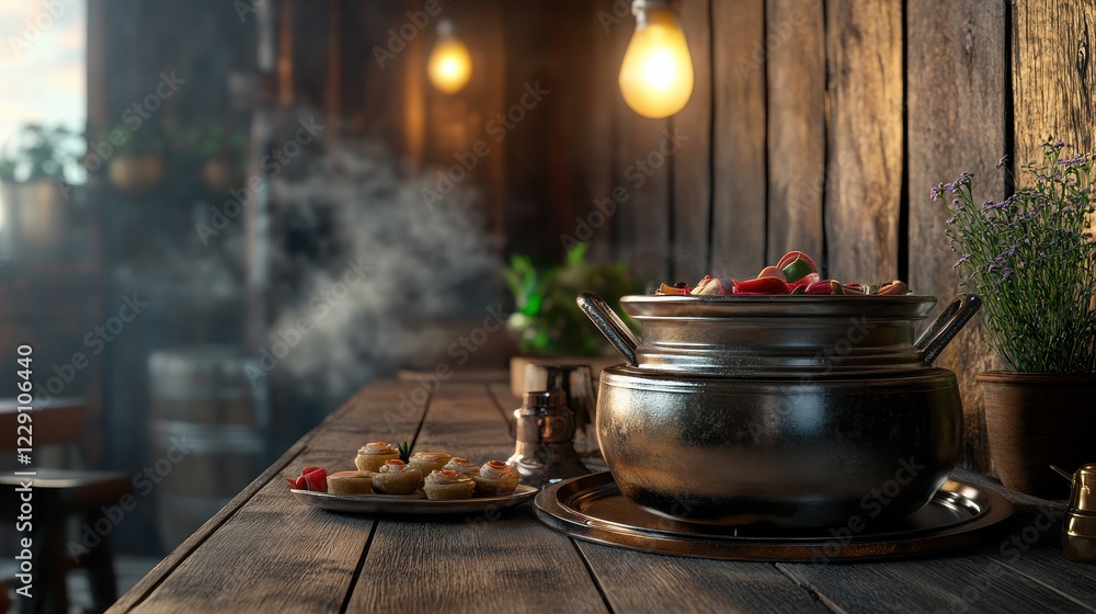 A rustic kitchen scene featuring a pot of food and snacks on a wooden table. A rustic kitchen scene featuring a pot of food and snacks on a wooden table.